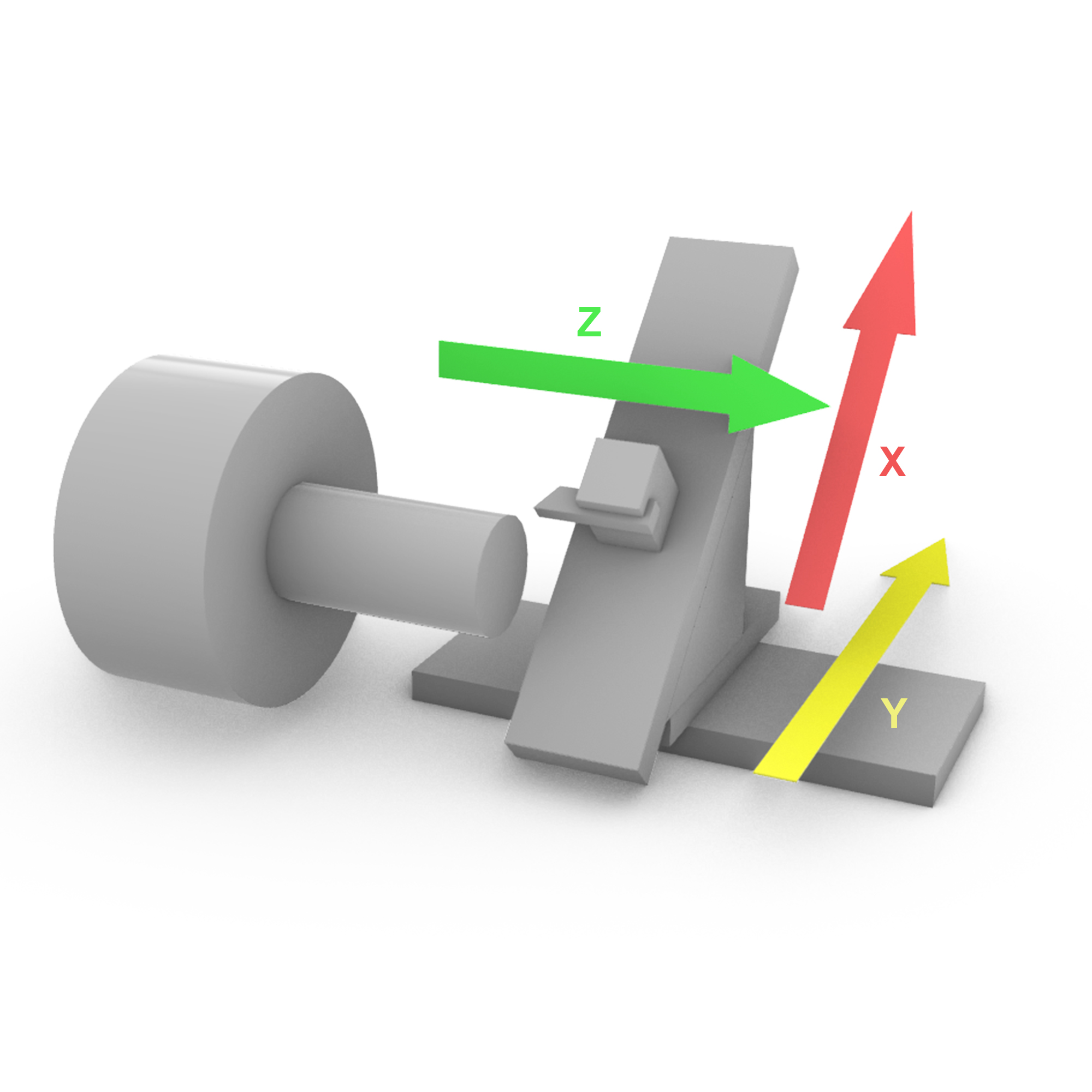 Lathe 3 axis diagram: the spindle at left, the 45-degree tilted cross-slide with its tool post, and arrows marking the X, Y, and Z axes