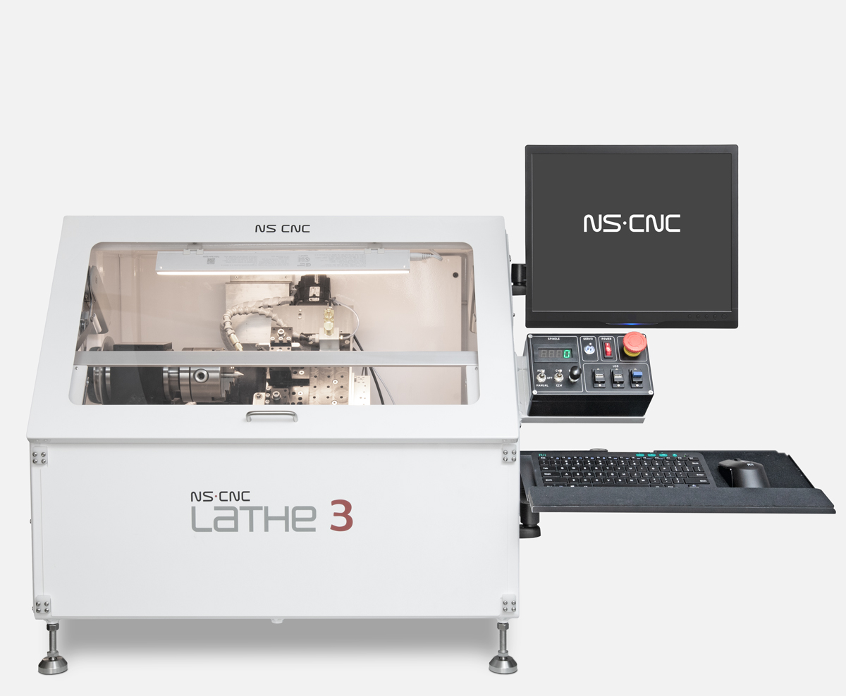 NS CNC Lathe 3 — fully enclosed 3-axis desktop CNC lathe with built-in computer and monitor