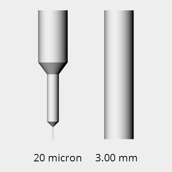 Side view comparing a 20 micron drill against a 3.00 mm diameter tool