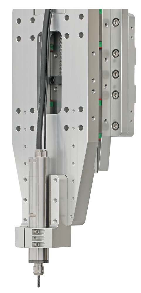 E3000 3060 spindle mounted on the Z-axis carriage — tool changes are made with wrenches at the collet nut
