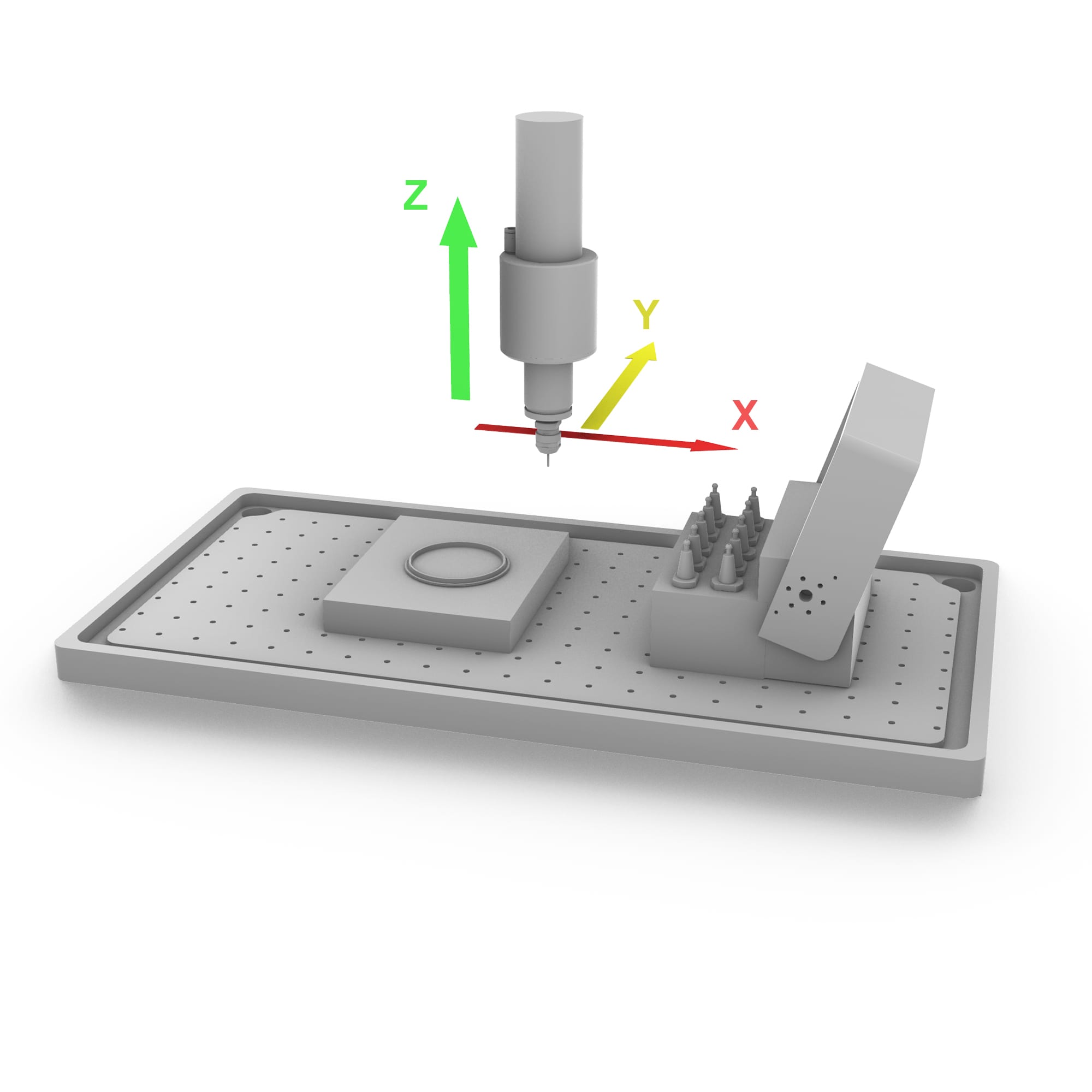 3-axis with ATC configuration detail: the X table with a workholding fixture block, spindle above, a row of ATC tool pots and tool-length sensor at right, and color-coded X/Y/Z axis arrows