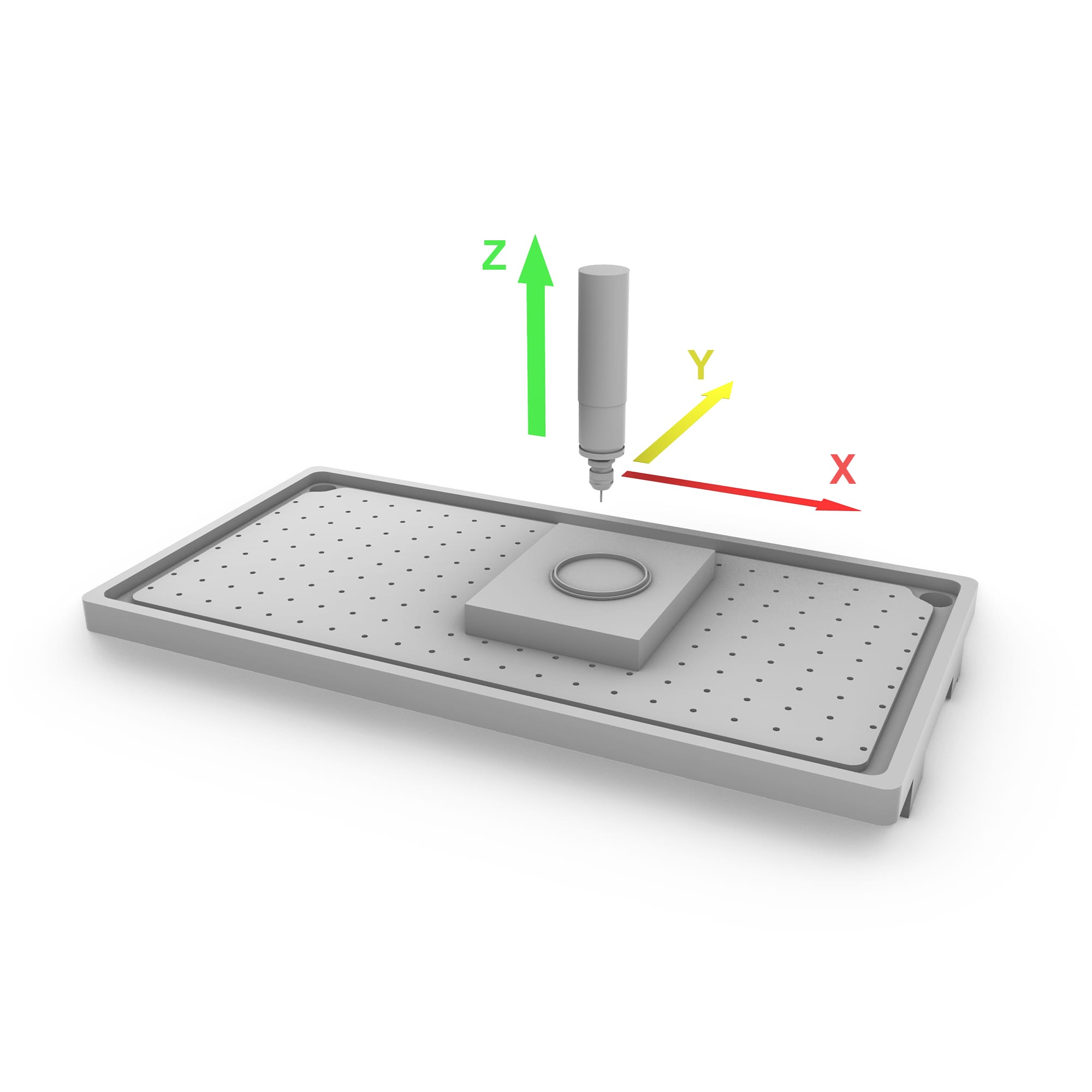 3-axis configuration detail: the X table with a workholding fixture block, spindle above, and color-coded X/Y/Z axis arrows